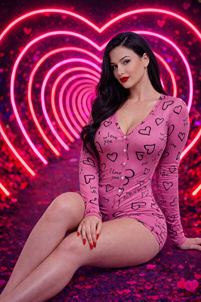 BYEN GİYİM 14 Şubat Özel Kalp & Love Desenli Pembe Romantik Tulum – Sevgilile...