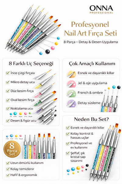 ONNA PROFESSIONAL 8 Parça Nail Art Fırça & Dotting Seti – Detay, Desen ve Nok...