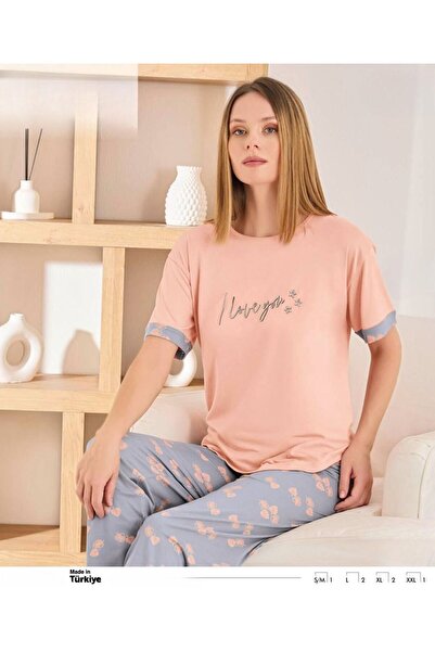 İpek Women's Short Sleeve Capri Crew Neck Sycamore Leaf Patterned Pajama Set