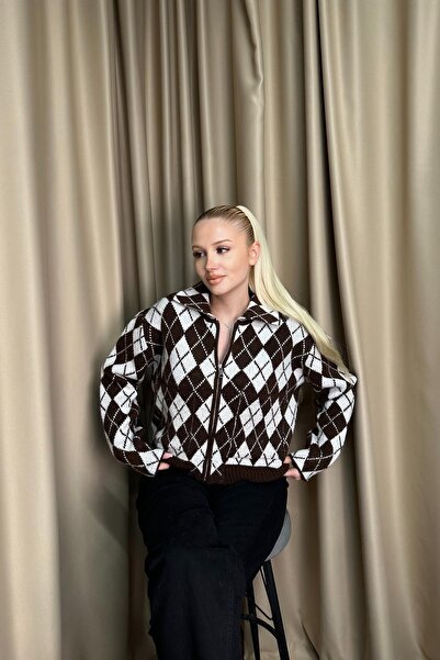 lizge giyim Polo Collar Patterned Zipper Detail Tricot Cardigan