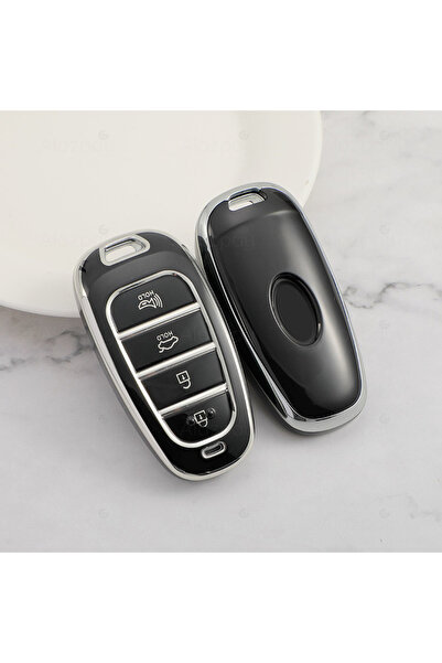 Alazpay غطاء مفتاح السيارة من مادة TPU ذو الحواف الفضية لسيارات هيونداي توسان...