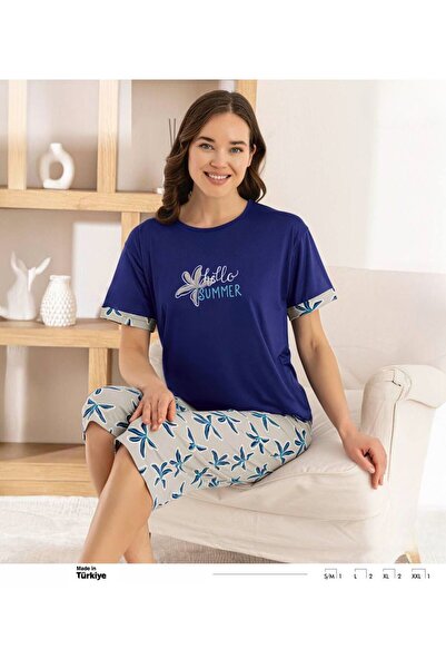 İpek Women's Short Sleeve Capri Crew Neck Star Flower Pattern Pajama Set