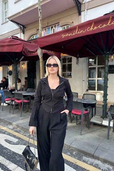 lizge giyim Zippered Blouse with Chest Ruching Detail