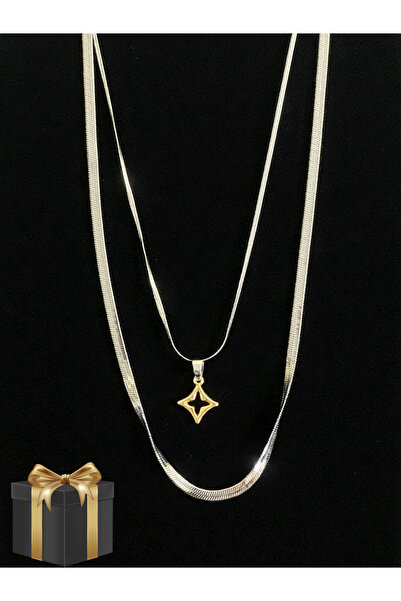 KADIN YILDIZ FFİGRLÜ SILVER RENK KOLYE İKİLİ SILVER KADIN ÇELİK VE ZARİF KOLYE