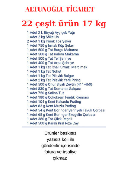 hahline herşey Ramazan erzak paketi kumanya yardım kolisi 22 çeşit ürün 17 kg