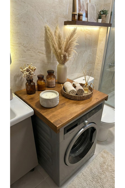Modüler Ekipman Çamaşır Makinesi Üstü %100 Masif Çam Ahşap Tabla (Makinenizin...