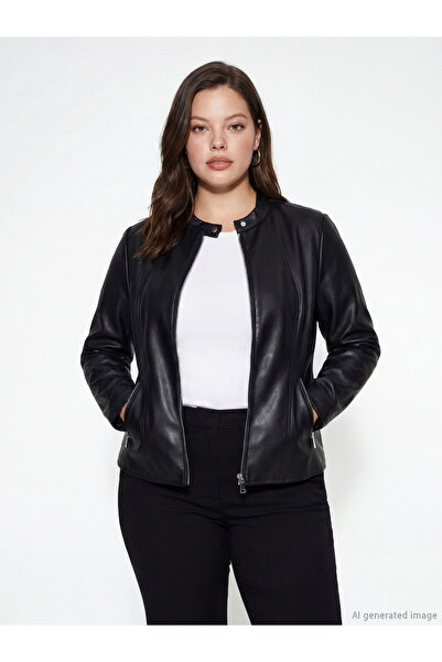 LC Waikiki Bisiklet Yaka Kadın Deri Görünümlü Ceket