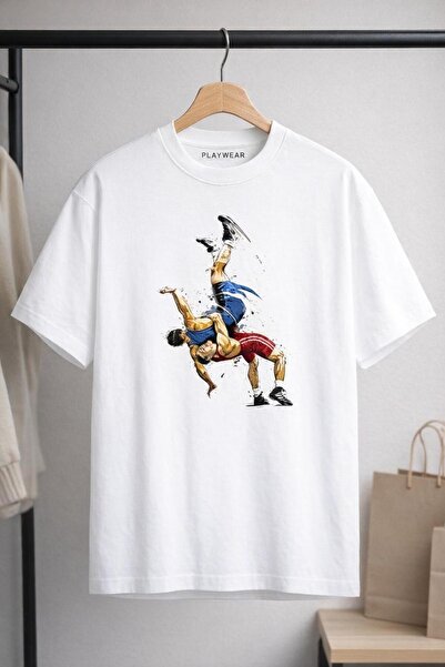 playwear PLAY WEAR Unisex Μπλουζάκι με στάμπα πάλης σε χαλαρή γραμμή - Λευκό ...