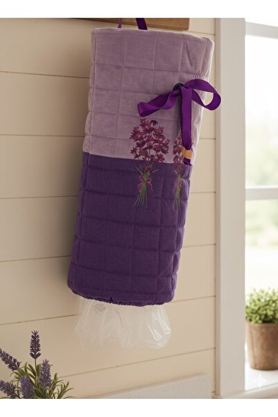 Çengelli İğne Lavender Embroidered Quilted Kitchen Utensil Bag - Lilac and Pu...