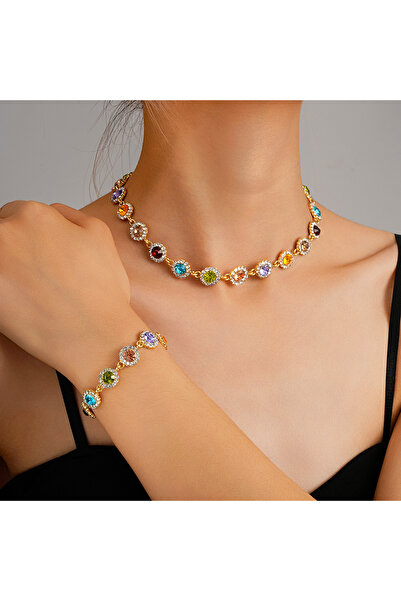 Choice AYAColorful 2PCS Colorful Zircon Necklaces Bracelets Sets Fashion Exqu...