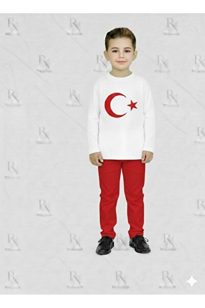 YCN TEKSTİL طقم أبيض للأطفال مطبوع عليه العلم التركي - طقم تي شيرت وبنطلون بأ...