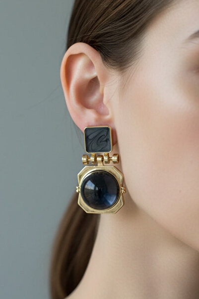 BHR AKSESUAR Gold Black Enamel Earrings (4.5 cm)