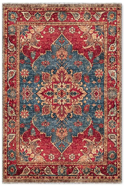 Pastel Home Tasarım Kırmızı Mavi Şönil Halı Kilim Yolluk Kaymaz Yıkanabilir S...