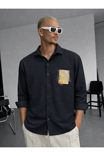 FıttingRoom Oversize Embroidery Detailed Cotton Black Shirt