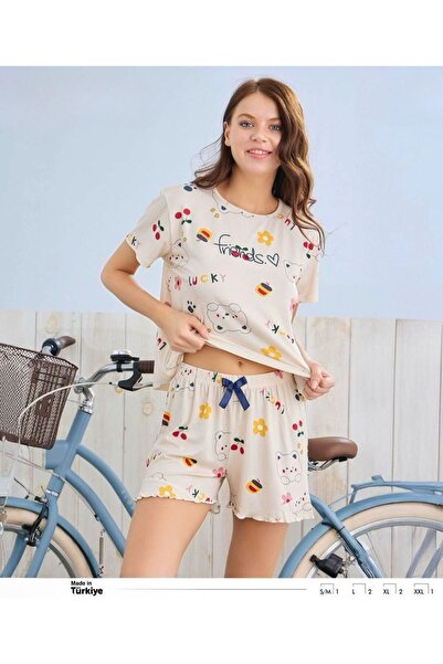 İpek Women's Short Sleeve Crew Neck Shorts Teddy Bear Pattern Pajama Set