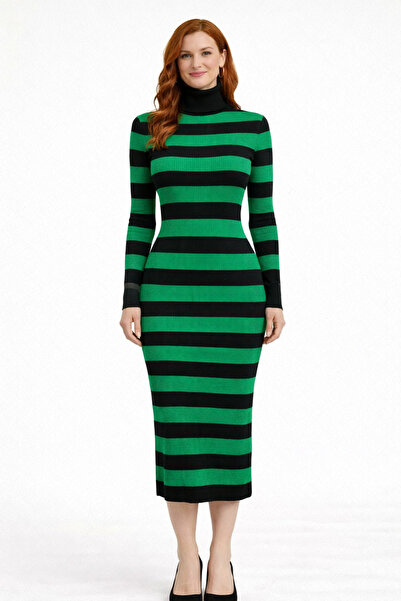 Neden Tekstil Striped Turtleneck Ribbed Knit Dress