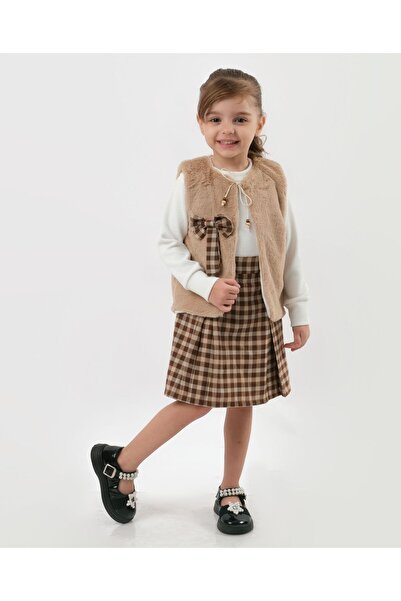 mhk burç bebe Kız Çocuk Peluş Yelekli Ekose Etek Takımı – Uzun Kollu Bluz, Şı...