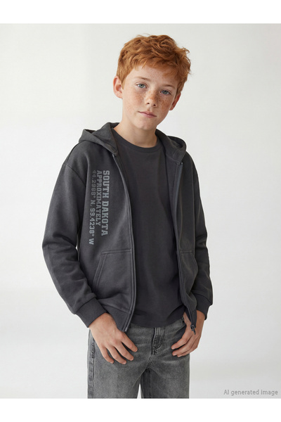 LC Waikiki Antracit Kap cu glugă kek Hanorac cu fermoar pentru copii DE LA GÜ...