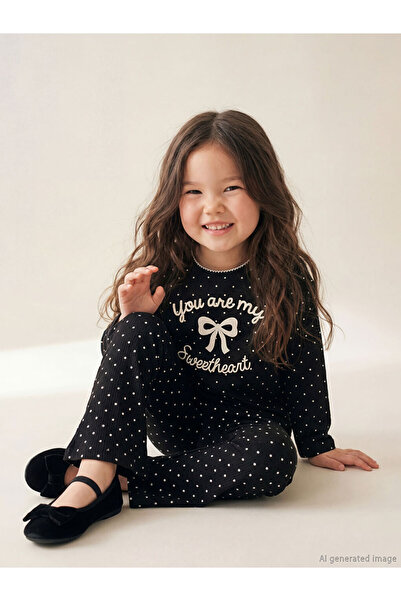 LC Waikiki Siyah Bisiklet Yaka Kurdele Baskılı Kız Çocuk Tişört