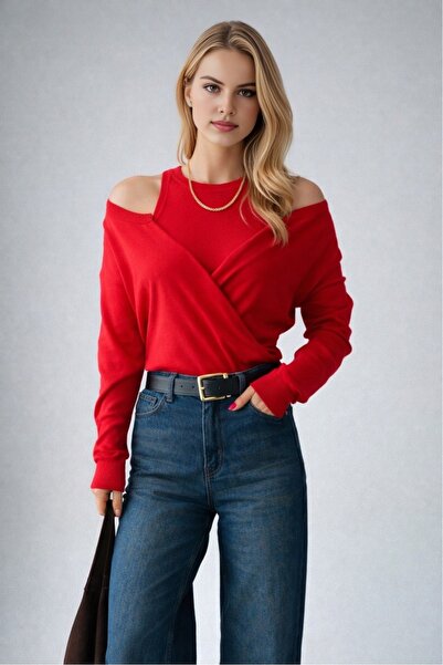 LOOSH Kadın Kırmızı Kruvaze Yaka Bluz Hırka Takım