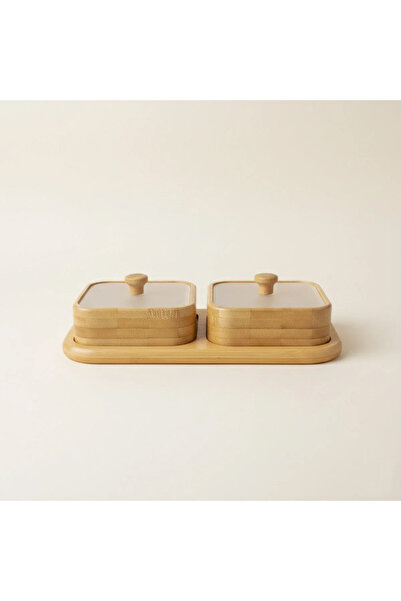 Nuha Home Standlı Bambu Kapaklı Kare Çerezlik 2’li Set