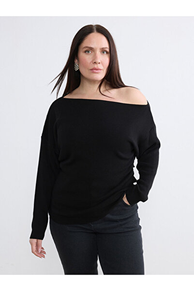 LC Waikiki Soulife Pulover negru pentru femei, cu guler bărcuță și șnur, mări...