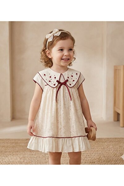 Noy Noy Kız bebek bebek yaka kırmızı fiyonk ve çiçek detaylı zarif elbise 2 p...