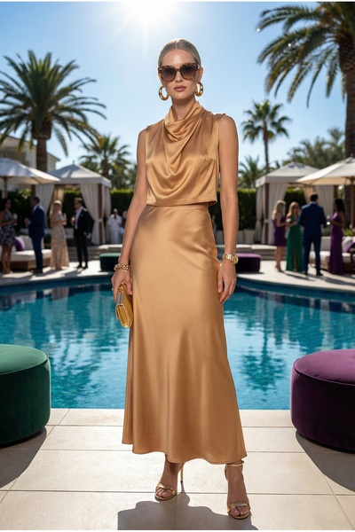 FASHION COCKTAIL Draped Collar, Soft Satin Fabric, Sleeveless Blouse, High Wa...