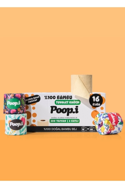 Poop.i %100 Bambu "Extra Uzun Rulo" 16 Tuvalet Kağıdı FLORAL Doğal Bej