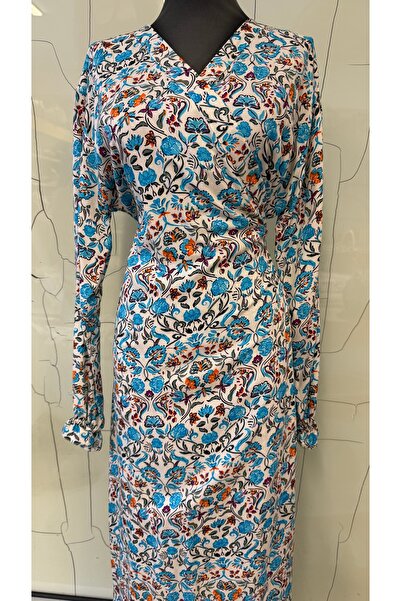 ShopxElbise Mavi Renk Çiçek Desenli Kadın Uzun Namaz Elbisesi