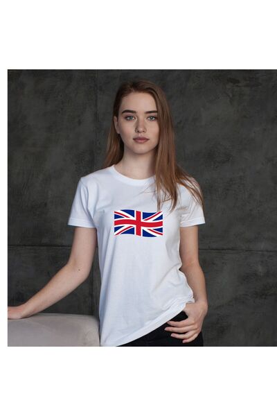 playwear İngiliz Bayraklı Baskılı Kadın Beyaz Tişört Pamuklu Regular Fit