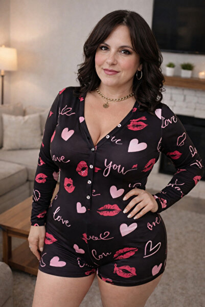 BYEN GİYİM Μαύρη ολόσωμη φόρμα με καρδιές για την Ημέρα του Αγίου Βαλεντίνου ...