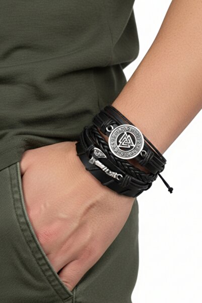 AB Takı Valknut and Axe Design Real Leather Bracelet 5 Pieces Black Genuine L...