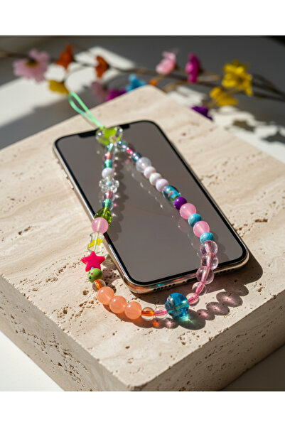 CherryPop Takı El Yapımı Boncuklu Telefon Askısı – Renkli Kalp Detaylı Telefo...