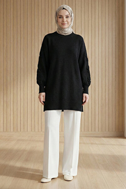 Kirazgym Women's Floral Detailed Crew Neck Soft Knit Sweater - Black