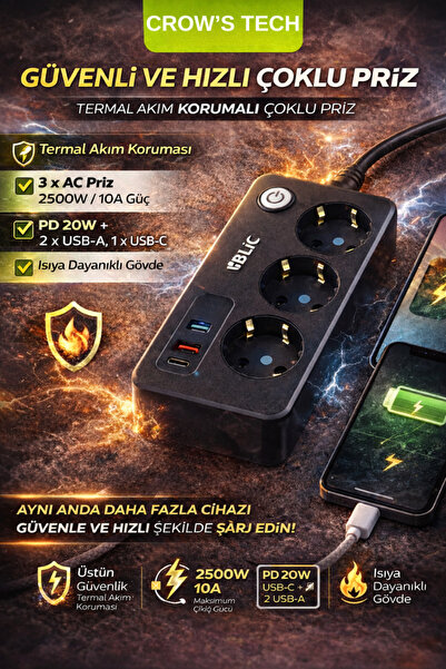 CROW'S TECH Termal Akım Korumalı 3 Priz 2 Usb 1 Type-c Girişli 2m Kablolu Üçl...
