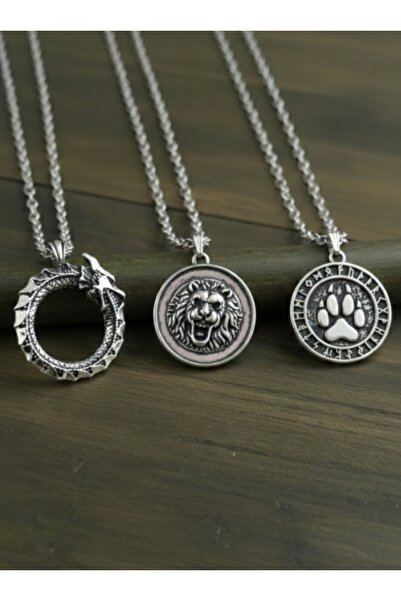 AB Takı 3 Piece Necklace Set with Snake, Lion and Bear Claw Design Pendant Gi...