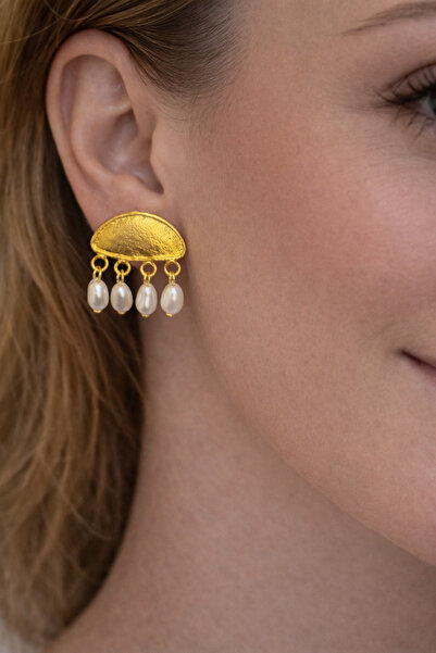 Tasarım Women's Gold Plated Pearl Dangle Special Handmade Earrings