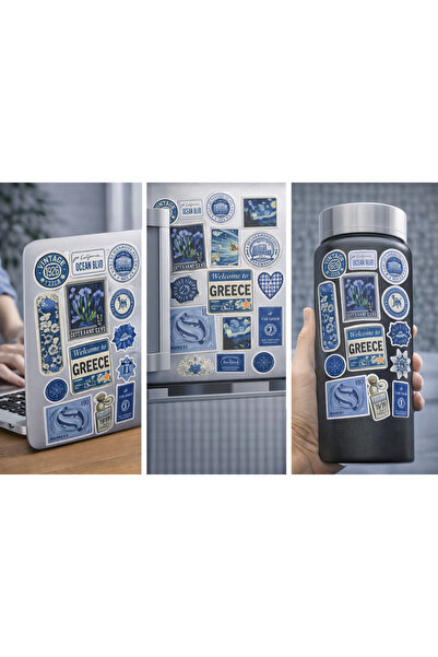 Limitless Design مجموعة ملصقات بتصميم عتيق للسفر وجماليات اللون الأزرق - تصام...