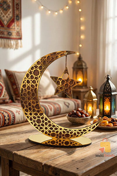 MultiTrendy Ramazan Süsü Ahşap Altın Pleksi Ay Yıldız Masa Üstü Süsü | Dekora...