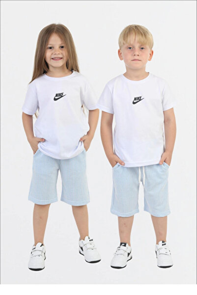 MAVİ BONCUKK Unisex Kids White Logo Printed T-Shirt and Green Striped Shorts ...