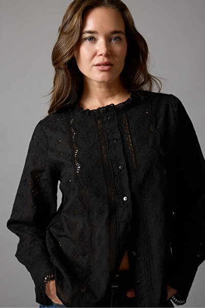 MetuCA Kadın Siyah Fisto İşlemeli Dantel Garnili Hakim Yaka Pamuklu Pinterest...