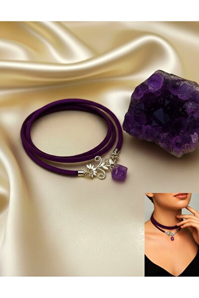 LADYMİRAGE قلادة جلدية بنفسجية مرصعة بحجر الأميثيست