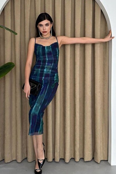 MAMMY Kadın Astarlı Batik Desen Tül Kumaş Kare Yaka Ayarlanabilir Askılı Midi...