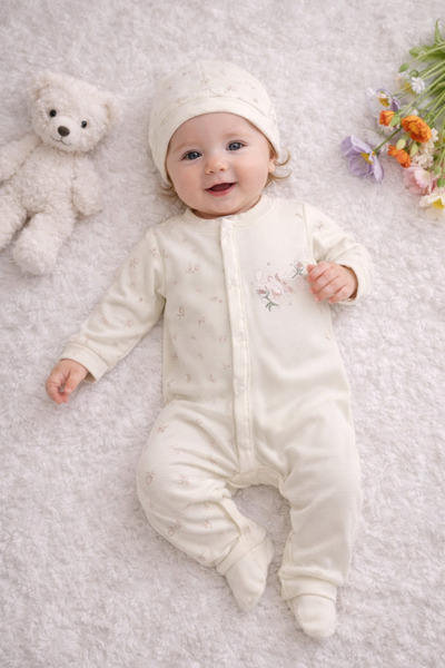 Bubbles Organik kumaşlı Rose Girl Fermuarlı Kız Bebek Tulum Şapka Takımı 0-3A...