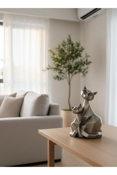 Hanlar Home Gümüş Geometrik Anne ve Yavru Kedi Figürlü Dekoratif Biblo