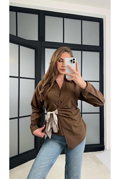 Gaus Kahve Bel Bağlama Detaylı Fularlı Tasarım Gömlek GAUS-01173