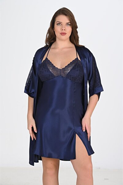 Slendos Women'S, Plus Size, Navy Blue, Slit, Thin Straps, 2-Piece Nightgown Set