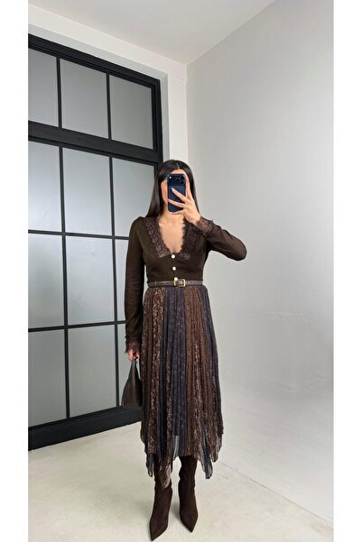 Gaus Lacivert Desenli Beli Lastikli Astarlı Tül Etek GAUS-01133