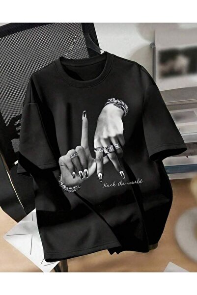 Oceanwear Rock Design Printed Short Sleeve Crew Neck Unisex Plain Black Tshirt